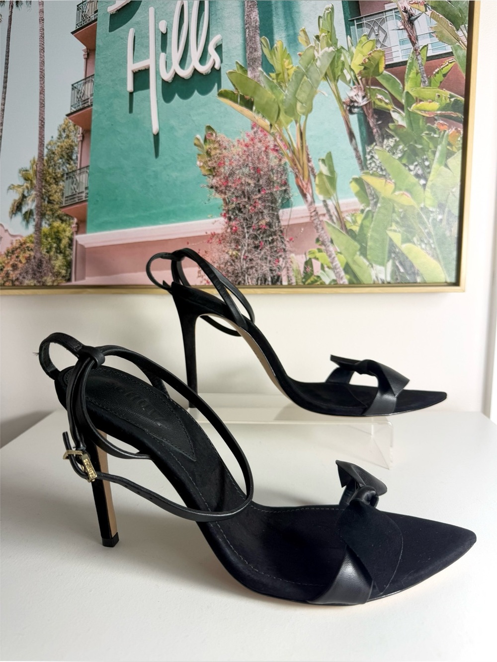 Schutz Elora Black Suede Leather Bow Strappy Stiletto Heel Sandals Size 11B